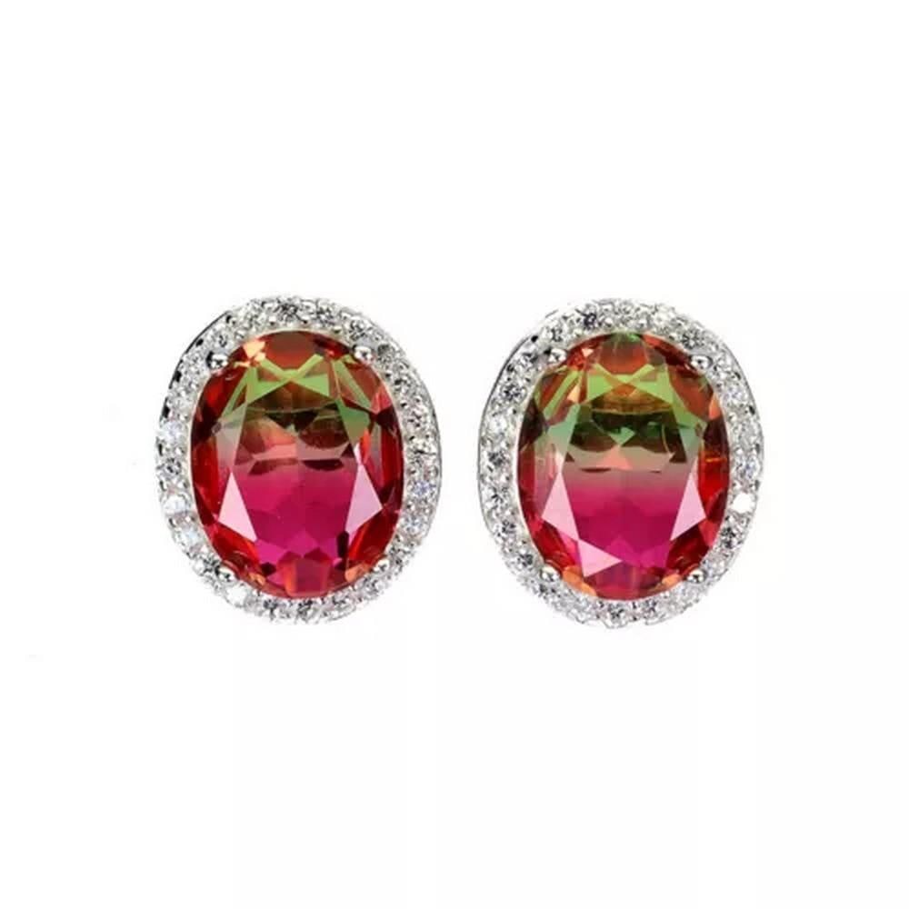 Sterling Silver & Synthetic Watermelon Tourmaline Earrings: Sterling Silver & Synthetic Watermelon Tourmaline Earrings These sterling silver earrings feature synthetic watermelon tourmaline stones, showcasing a stunning blend of pink and green hues that ev