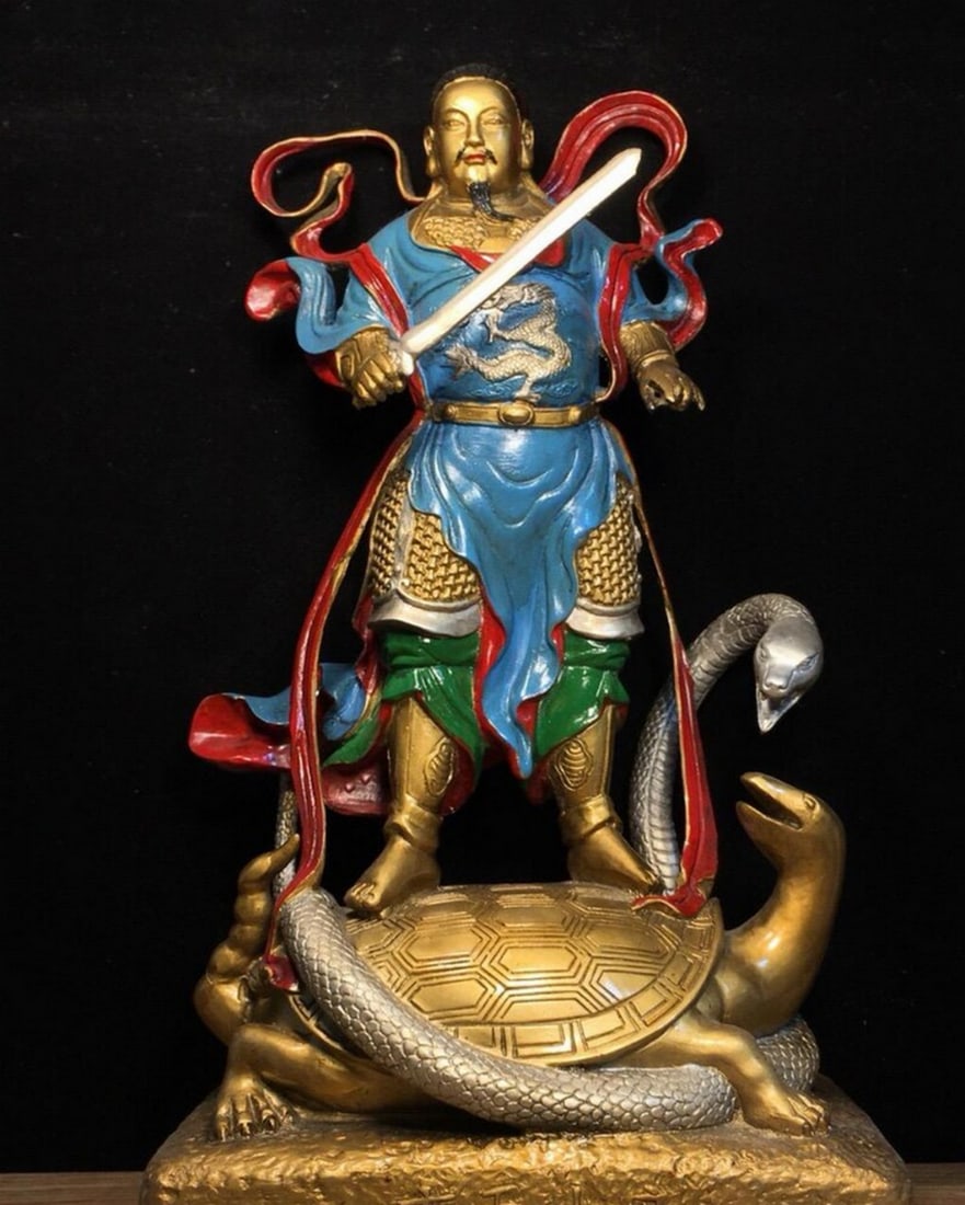 Pure Bronze Xuanwu Emperor Chinese Antique Statue: Pure Bronze Xuanwu Emperor Chinese Antique Statue Powerful and commanding, this finely crafted Xuanwu Emperor statue is a traditional Chinese antique-style sculpture, handcrafted from pure bronze. The