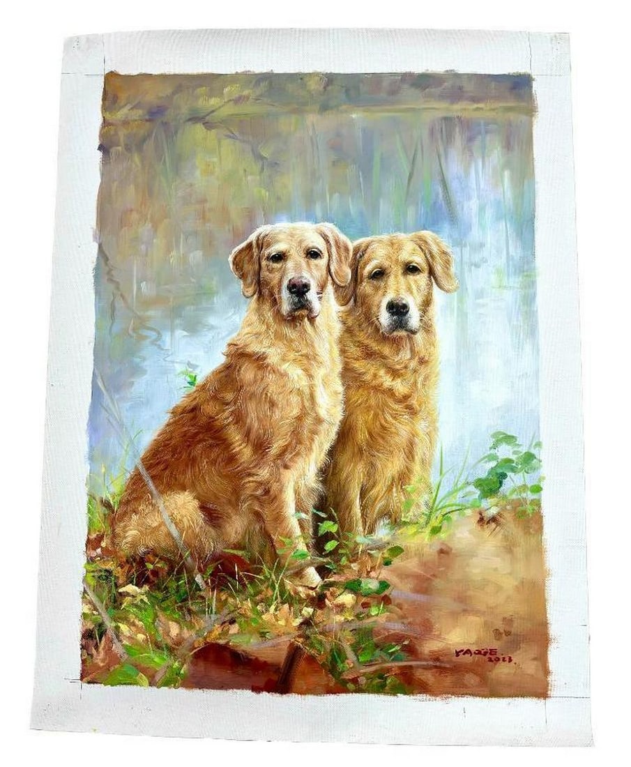 Golden Retrievers Duo Original Acrylic Painting Signed By Artist Yaoge - 20" x 28": Golden Retrievers Duo Original Acrylic Painting Signed By Artist Yaoge - 20" x 28" Immerse yourself in the heartwarming charm of our "Golden Retrievers Duo" original acrylic painting, 