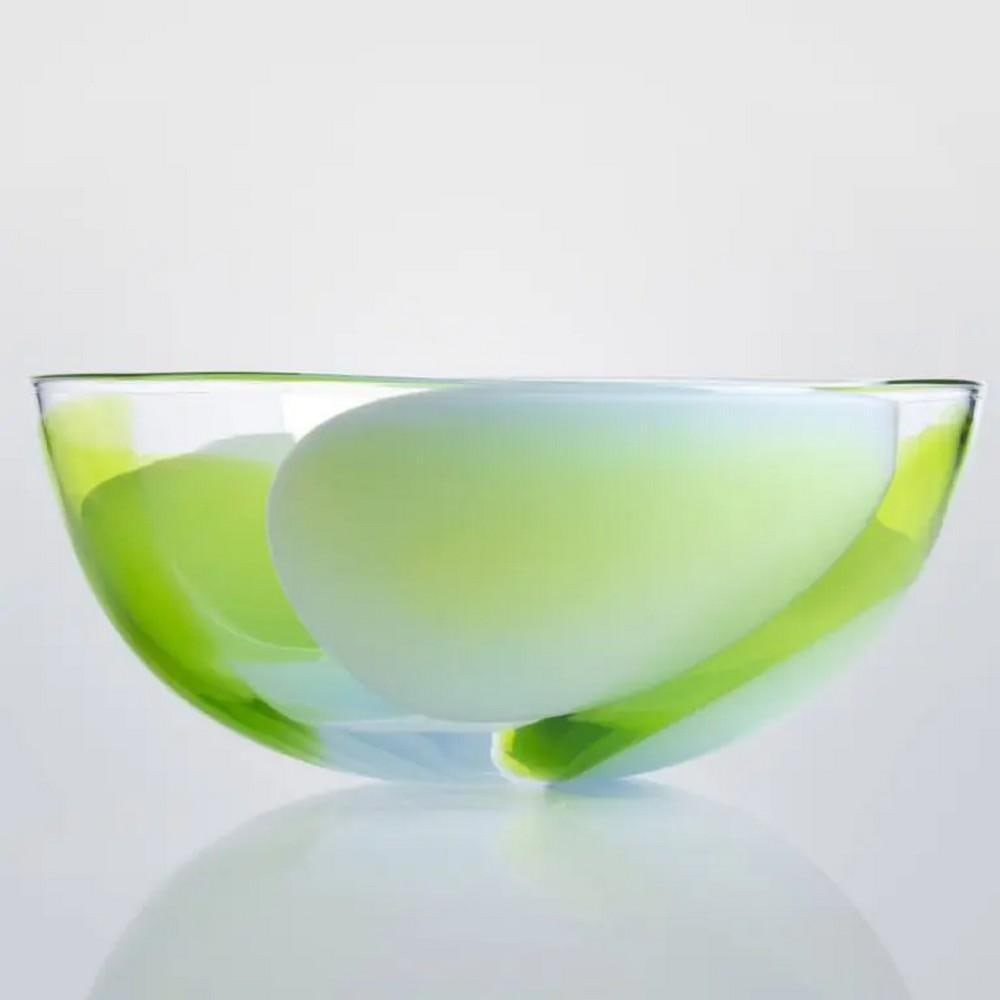 Chameleon Glass Bowl Centerpiece by Neil Wilkin: Chameleon Glass Bowl Centerpiece by Neil Wilkin This color-block glass bowl centerpiece features a stunning blend of Chameleon and Green, with a transparent amalgamate. The delicate, ethereal mix of o