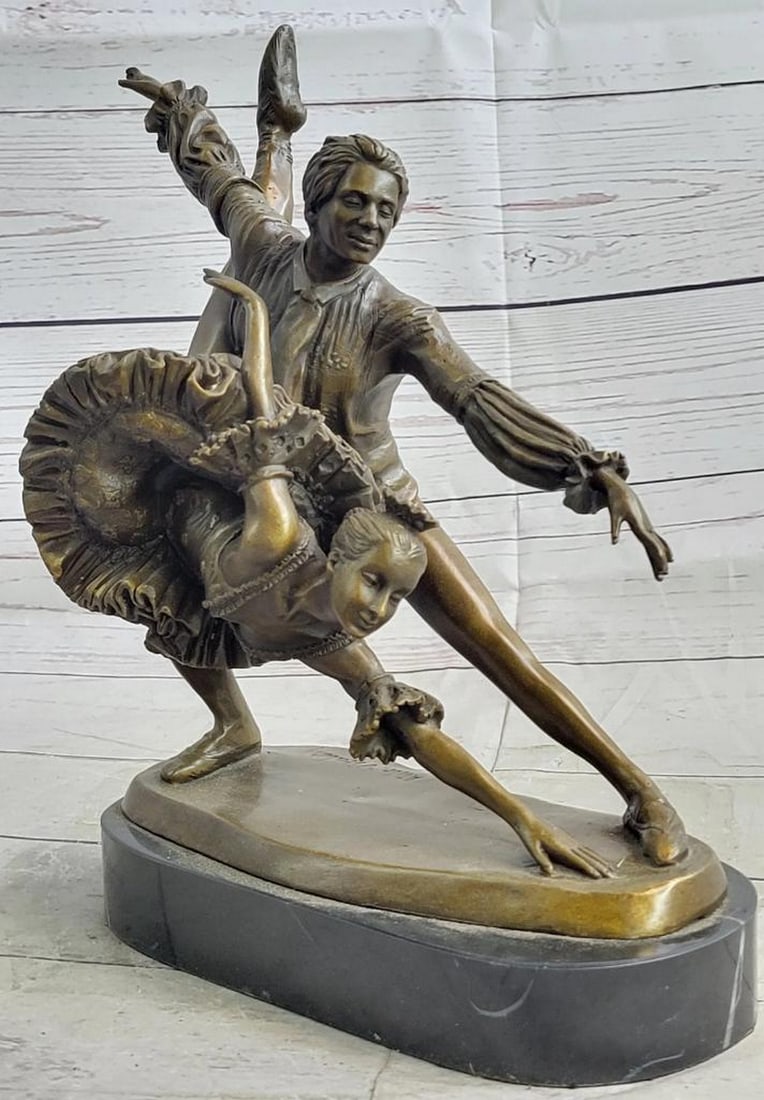 Two Russian Ballerinas Ballet Dancers Bronze Sculpture Statue Figure Figurine by Aldo Vitaleh: The bronze ballerina stands balancing all of her gentle weight on her partners, while he supports her on his right leg. She daintily masters her attitude en pointe dance pose as her left leg curves ba