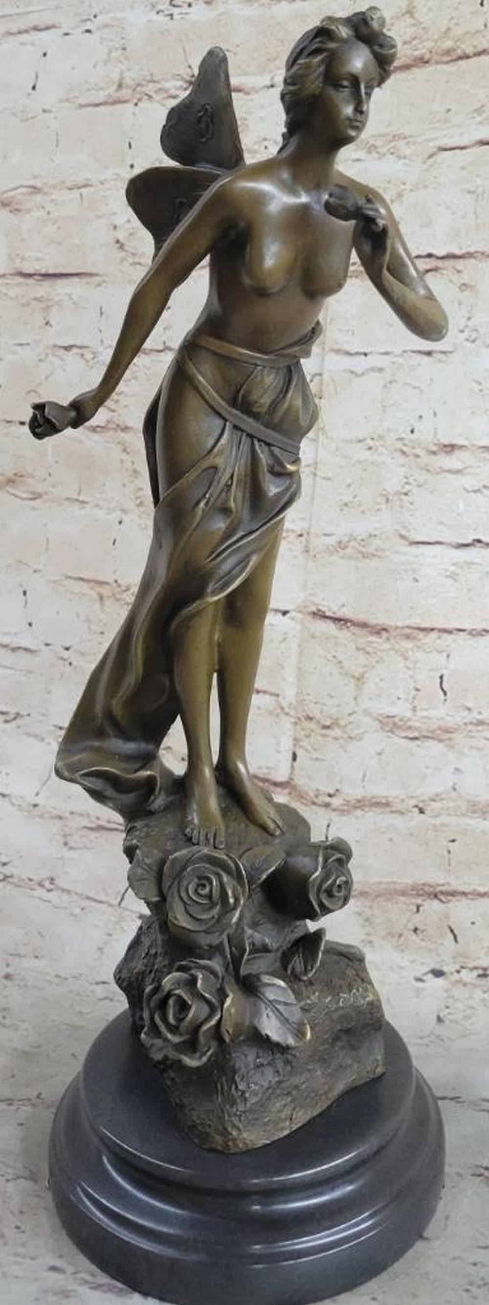 Villanis Inspired Nude Fairy Smelling Flowers Bronze Sculpture - 17" x 6": Villanis Inspired Nude Fairy Smelling Flowers Bronze Sculpture - 17" x 6" Stunning Quality Bronze Sculpture Depicting A Winged Lady With A Flower In Each Hand. This Bronze Was Originally Sculp