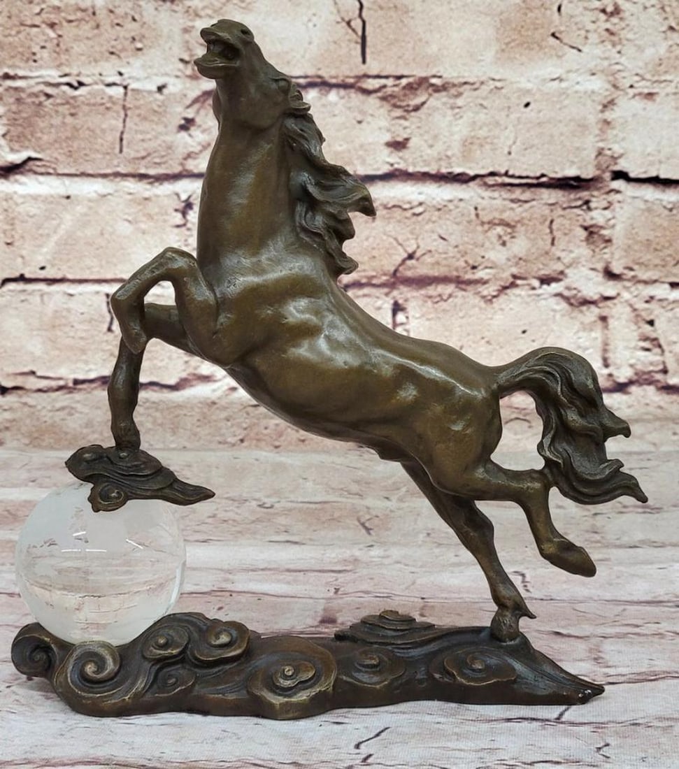 Equine Elegance: Milo's Signed Original Bronze Horse Figurine with Crystal Ball - 7.5" x 7": Equine Elegance: Milo's Signed Original Bronze Horse Figurine with Crystal Ball - 7.5" x 7" This exquisite Art Deco bronze horse statue, perched atop a crystal ball, serves as a testament 