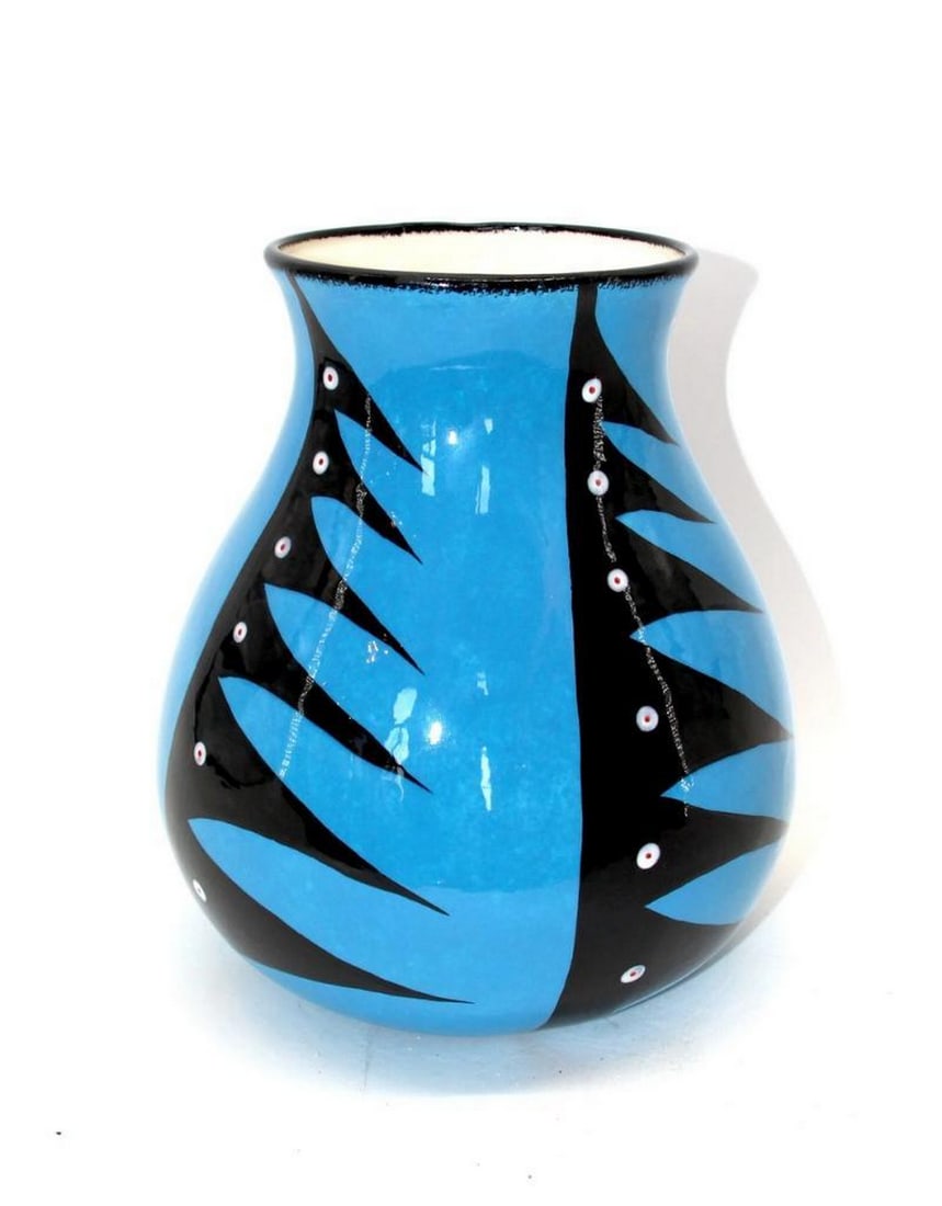 Blue Large Water Pottery Vase by Veran Pardeahtan: Blue Large Water Pottery Vase by Veran Pardeahtan Veran's Ceremonial Black Rim Pottery designs are unique expressions of the rich heritage of North American Indigenous culture. The symbols, often