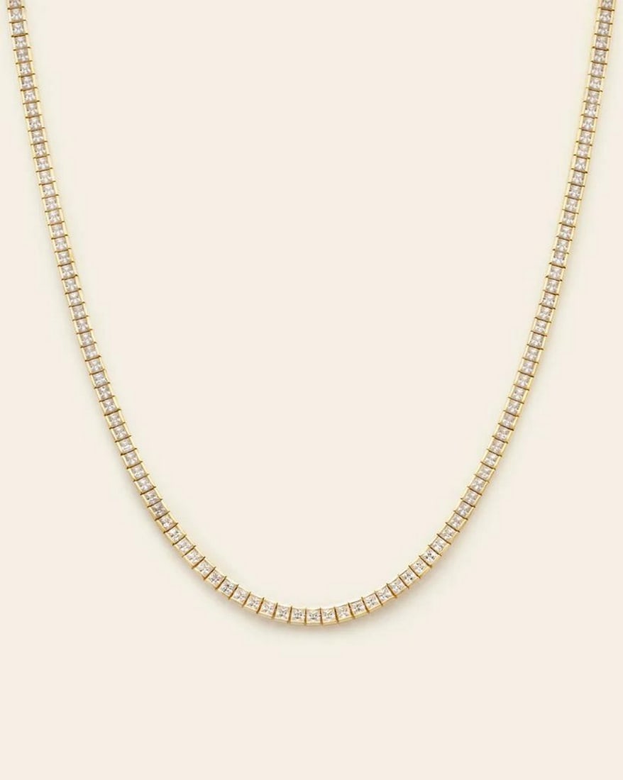 14k Vermeil Gold Plated Women's Channel Tennis Necklace: 14k Vermeil Gold Plated Women's Channel Tennis Necklace This 14K vermeil gold-plated women's channel tennis necklace is the epitome of elegance and sophistication. Featuring a seamless line