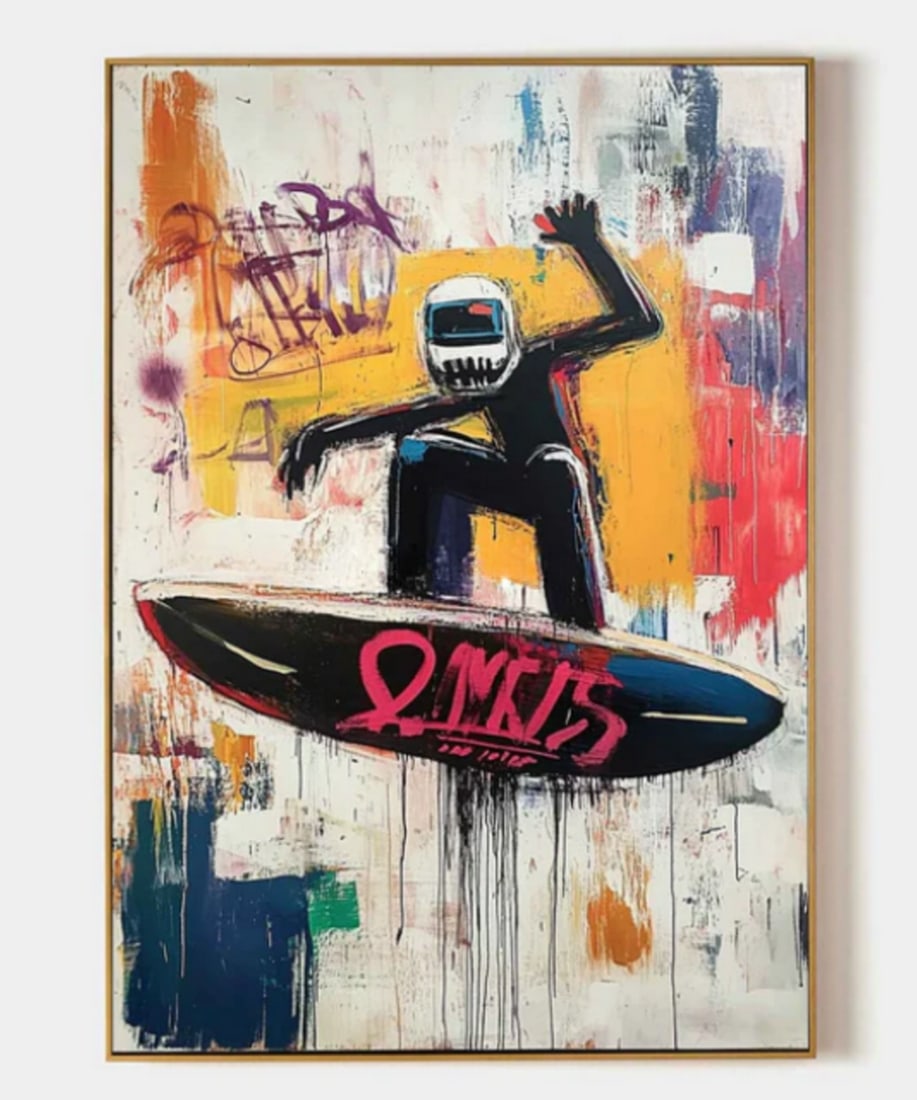 Gravity Pulse: Surfer in the Flux Graffiti Art Canvas Painting: Gravity Pulse: Surfer in the Flux Graffiti Art Canvas Painting A helmeted surfer glides through a chaos of vibrant graffiti strokes, suspended in mid-motion. This bold, urban-inspired painting