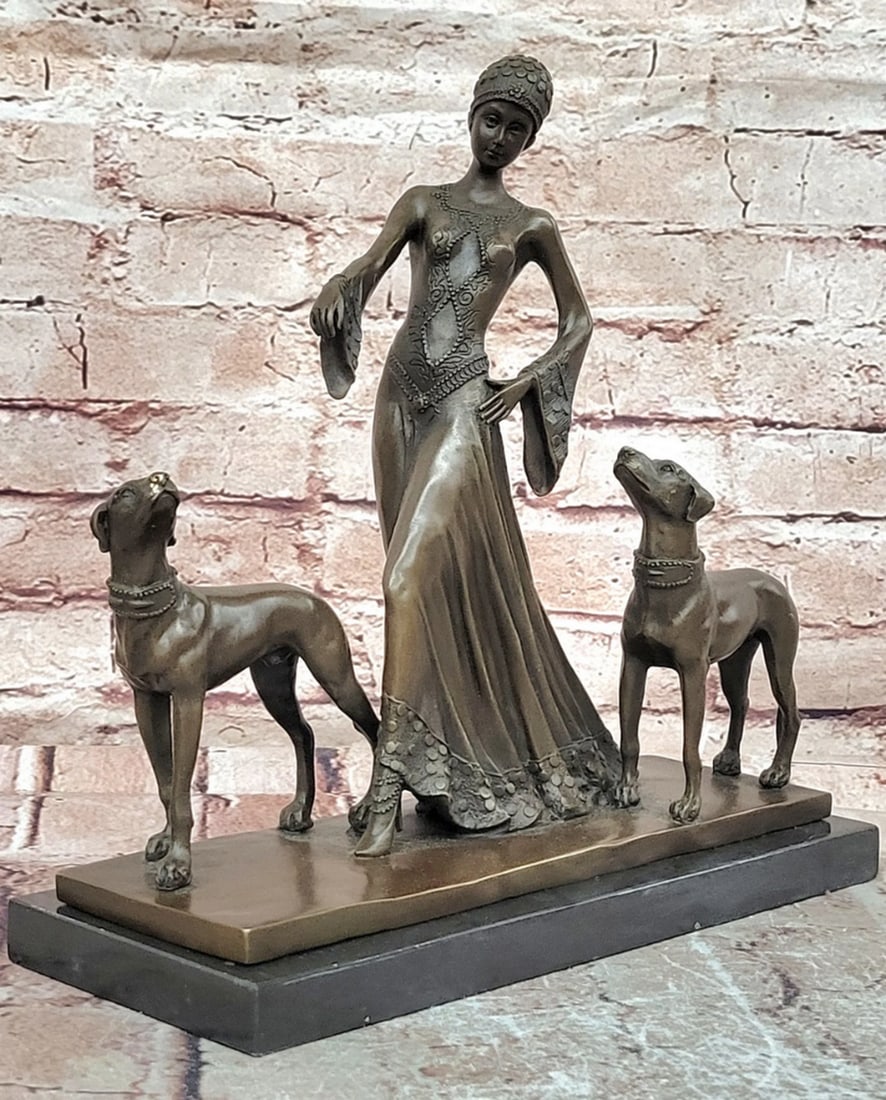 Milo Art Deco Woman with Greyhounds Original Bronze Sculpture - 11" x 11.5": Milo Art Deco Woman with Greyhounds Original Bronze Sculpture - 11" x 11.5" This bronze sculpture depicts a woman accompanied by two greyhounds, arranged in a composition that reflects Art Dec