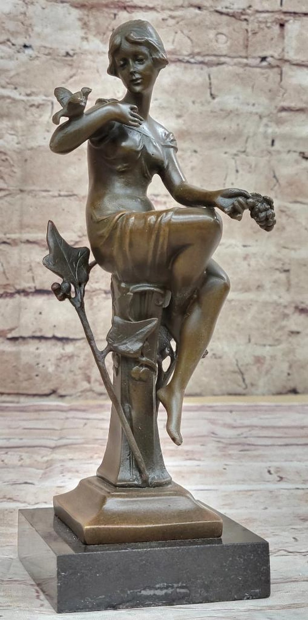 Signed 1930s Style Exotic Maiden Bronze Sculpture – 9.5" x 3.5": Signed 1930s Style Exotic Maiden Bronze Sculpture – 9.5" x 3.5" This original bronze sculpture depicts a serene maiden with a sparrow perched on her arm and a cluster of grapes in hand, symb