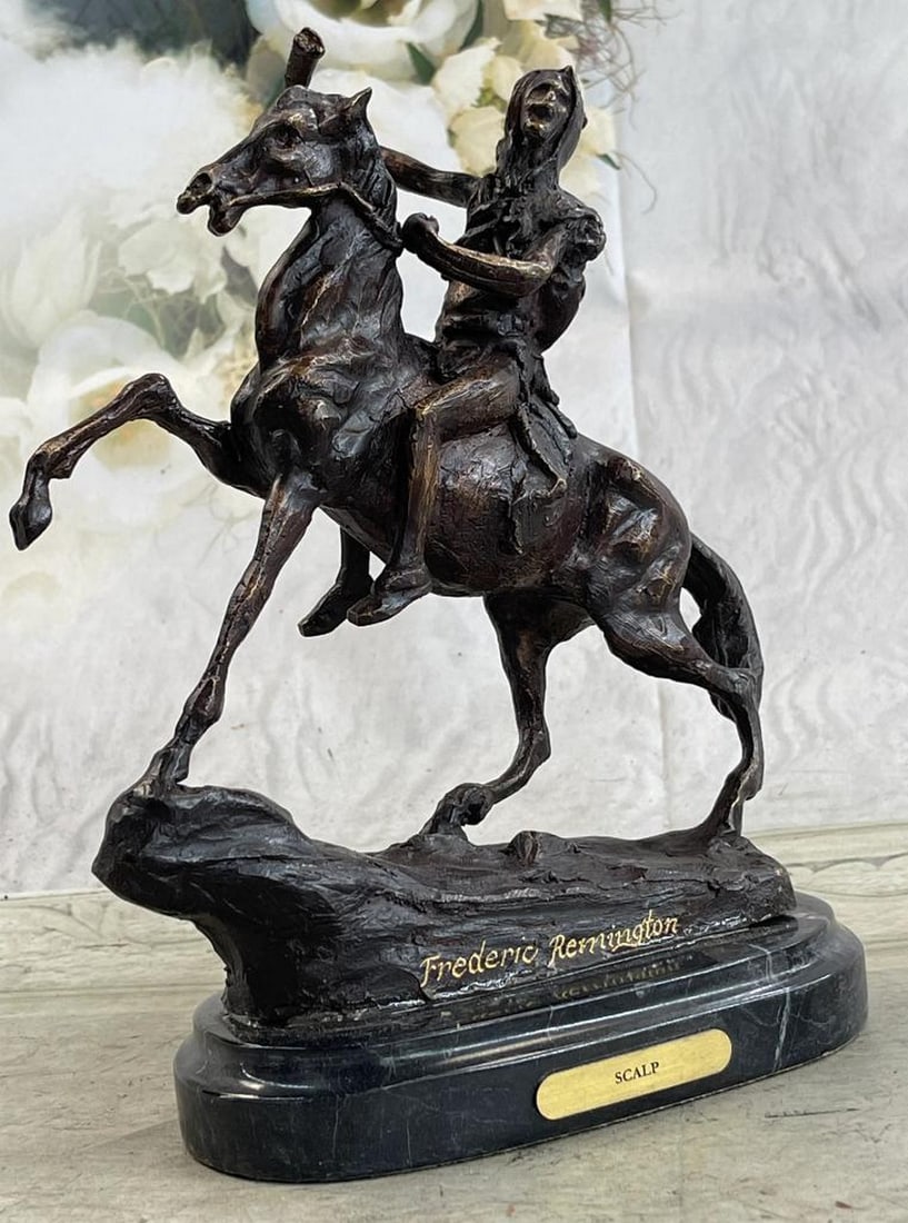 Remington Inspired 'Scalp' Bronze Sculpture - 10" x 9": Remington Inspired 'Scalp' Bronze Sculpture - 10" x 9" Proud, resilient, strong and a fierce warrior, this Native American watches over his land and tribe. Great attention to detail wa