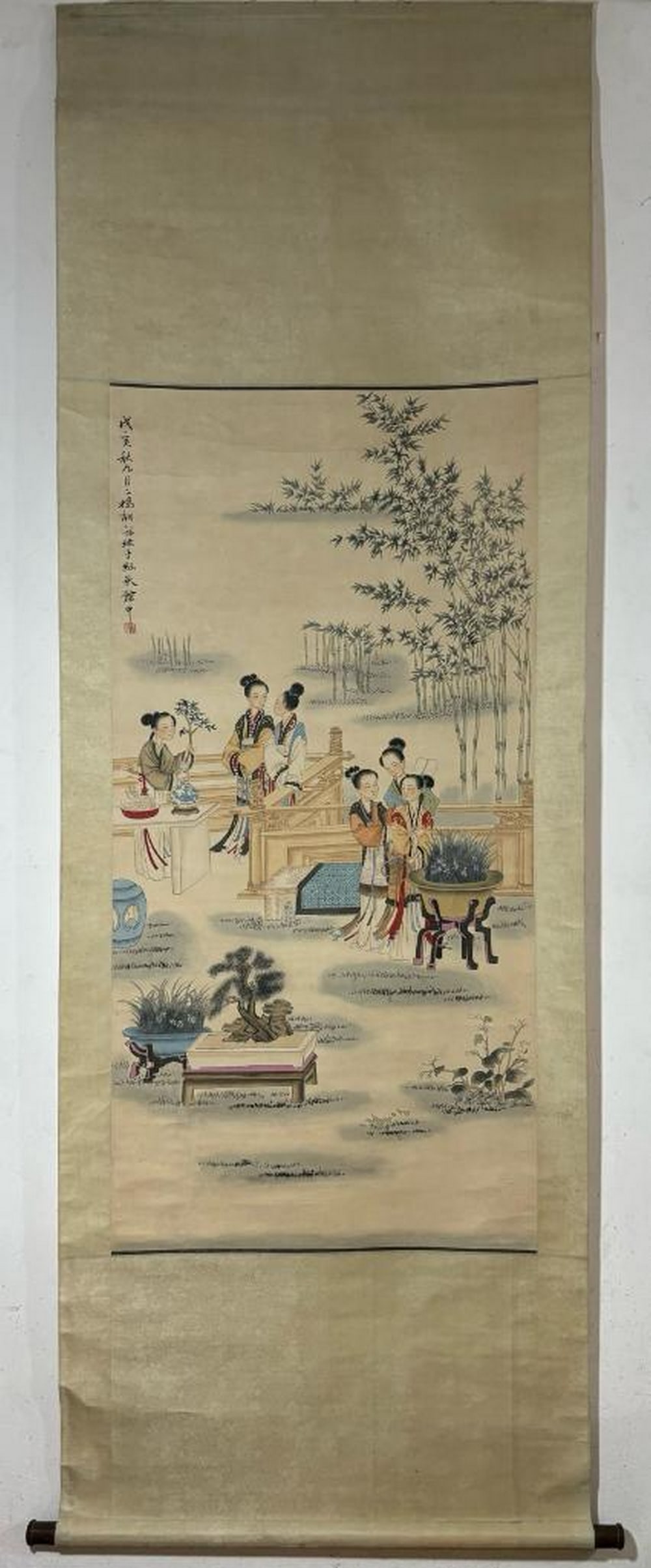 Inspired Chinese Brush Handpainting on Paper Scroll Bearing the Mark of Hu Xigui: Inspired Chinese Brush Handpainting on Paper Scroll Bearing the Mark of Hu Xigui An inspired Chinese brush handpainting on paper scroll, bearing the mark of Hu Xigui. This lively and harmonious scene 