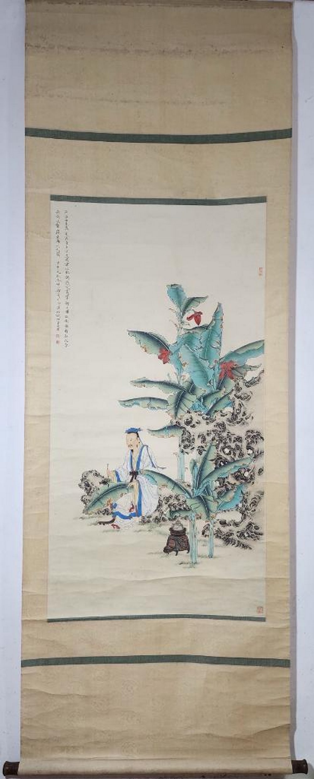 Inspired Chinese Brush Handpainting Scroll with Mark of Ren Zhong: Inspired Chinese Brush Hand-painting Scroll with Mark of Ren Zhong An inspired Chinese brush hand-painting on paper scroll, marked by Ren Zhong. This exquisite work depicts a gentleman sitting with ba