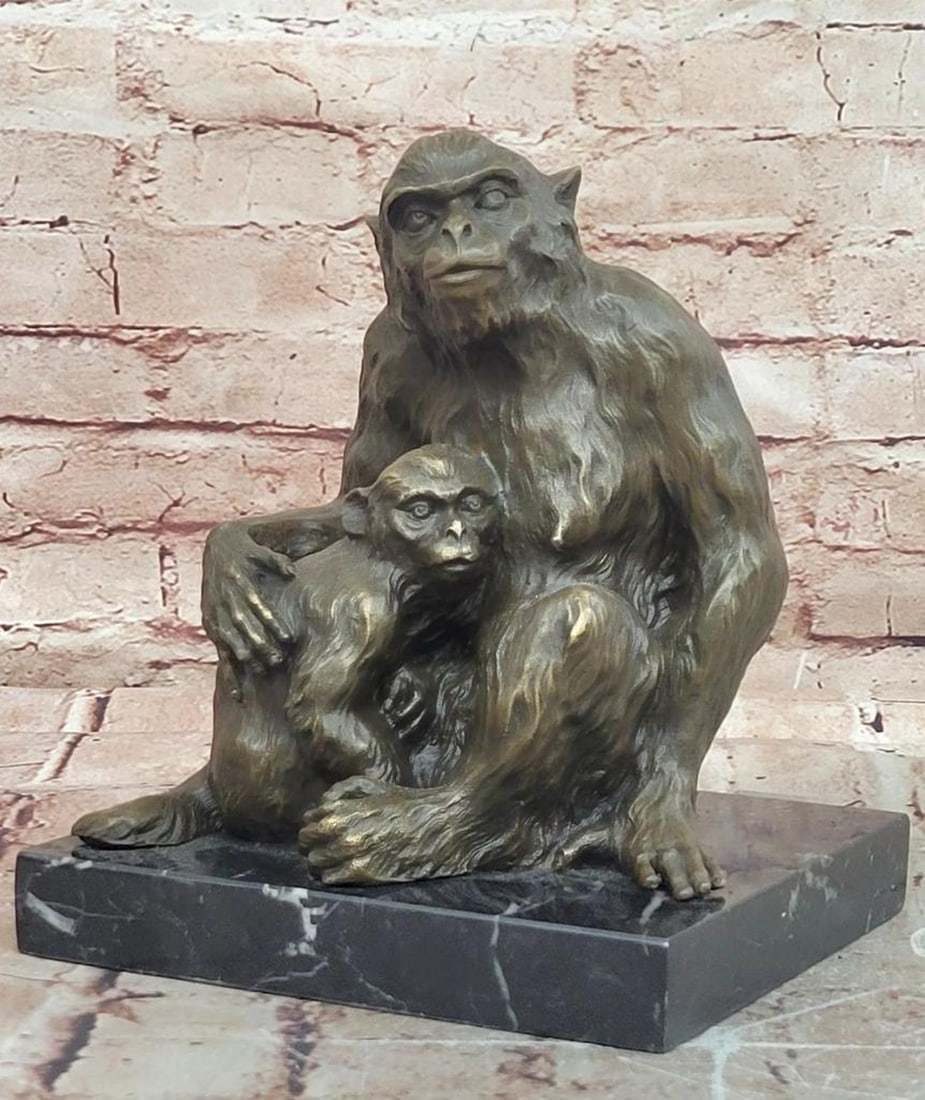 Monkey with Baby Bronze Sculpture by Milo - 9" x 7.5": Monkey with Baby Bronze Sculpture by Milo - 9" x 7.5" This signed Milo bronze sculpture captures a tender moment between a mother monkey and her baby, expressed through lifelike posture and de