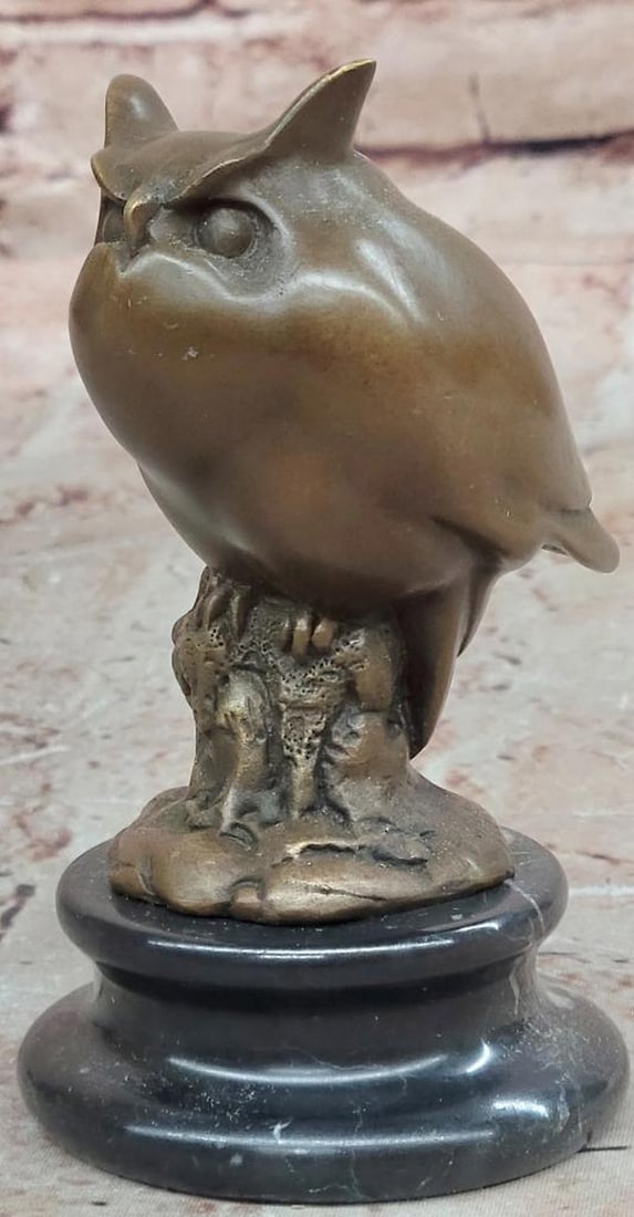 Milo Signed Owl Bronze Sculpture on Marble Base – 5" x 2.5": Milo Signed Owl Bronze Sculpture on Marble Base – 5" x 2.5" This hand made bronze sculpture by Milo depicts a wise owl, a timeless symbol of wisdom and insight. The detailed feathers and ale