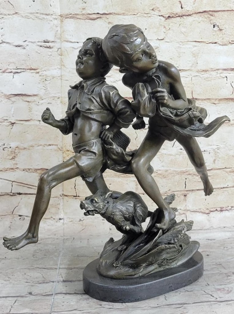 Two Running Boys with a Dog Bronze Sculpture – 12.5" x 15": Two Running Boys with a Dog Bronze Sculpture – 12.5" x 15" Presenting a joyful bronze sculpture that captures the carefree spirit of childhood, this dynamic composition depicts two young boy