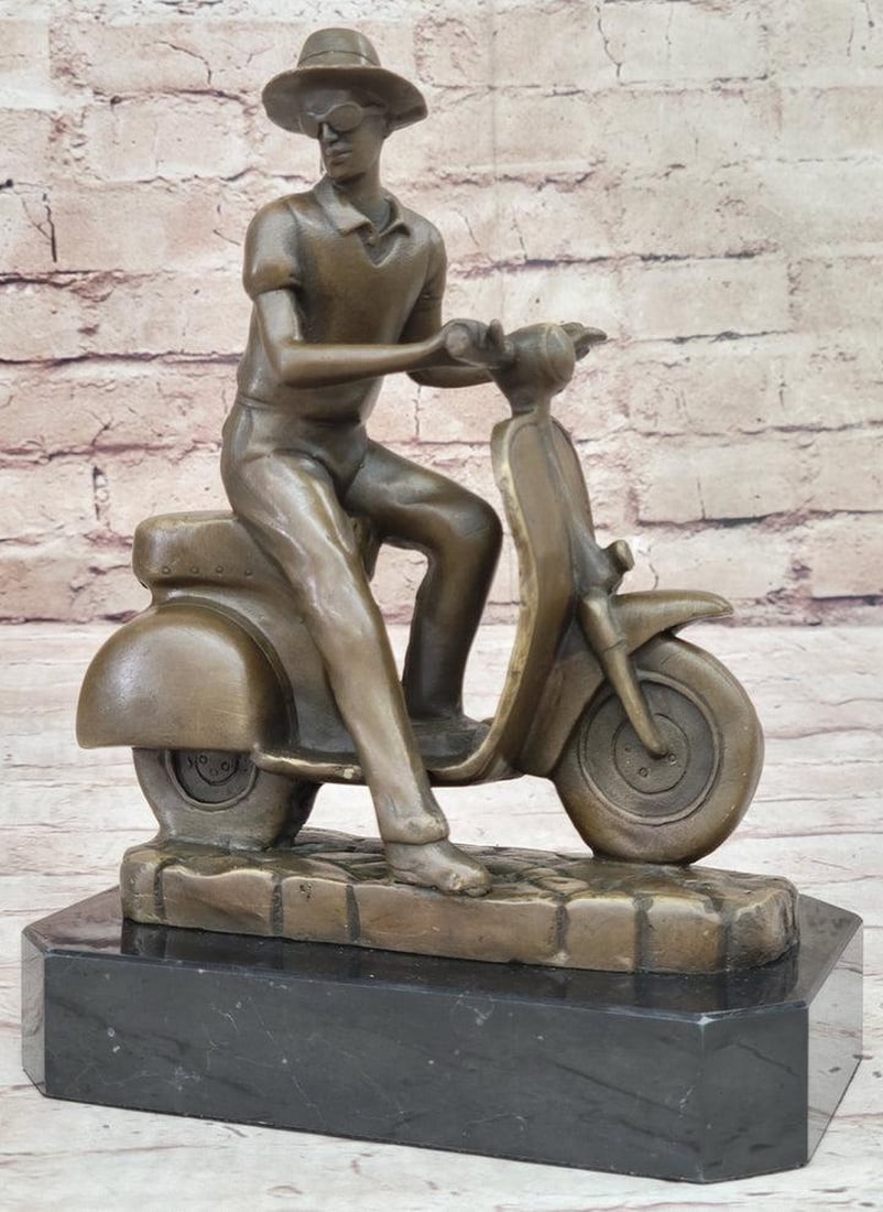 Man Riding Moped Bike Bronze Sculpture: Man Riding Moped Bike Bronze Sculpture This unique and captivating artwork portrays an Asian man donning a stylish hat and sunglasses, exuding an air of adventure and excitement as he rides his moped 