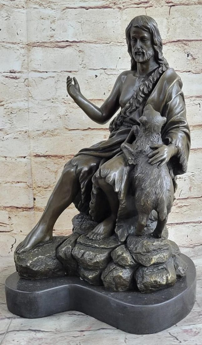 Jesus Christ & Lamb Original Bronze Statue - 14" x 8": Jesus Christ & Lamb Original Bronze Statue - 14" x 8" This exquisite bronze sculpture depicts Jesus Christ seated gracefully on a rock, with a robe cascading in elegant folds. His raised h