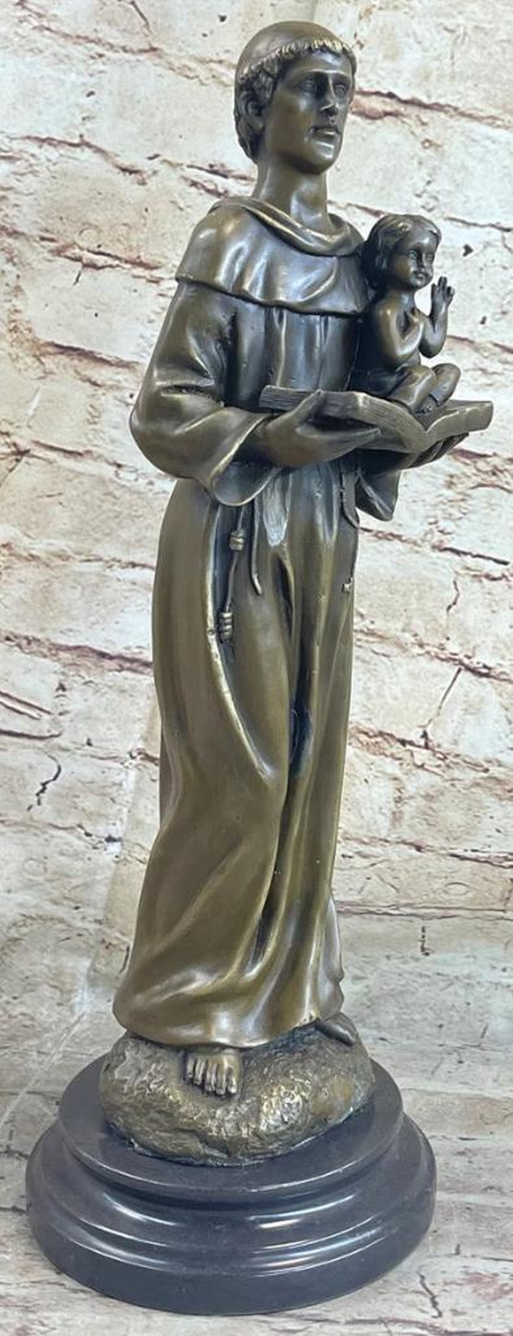 Saint Anthony of Padua with Infant Jesus Original Bronze Sculpture by Signed Valli - 16.5" x 6": Saint Anthony of Padua with Infant Jesus Original Bronze Sculpture by Signed Valli - 16.5" x 6" Experience the profound spirituality embodied in our Saint Anthony of Padua with Infant Jesus Br
