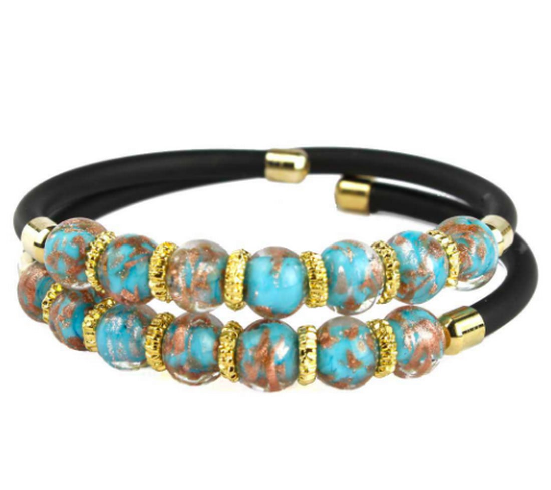 Serena Double Bracelet - Light Blue Avventurina Murano Glass: Serena Double Bracelet - Light Blue Avventurina Murano Glass This bracelet is made in lamp working technique, and each bead is worked as single piece. Beads are made in glass molten and embellished wi