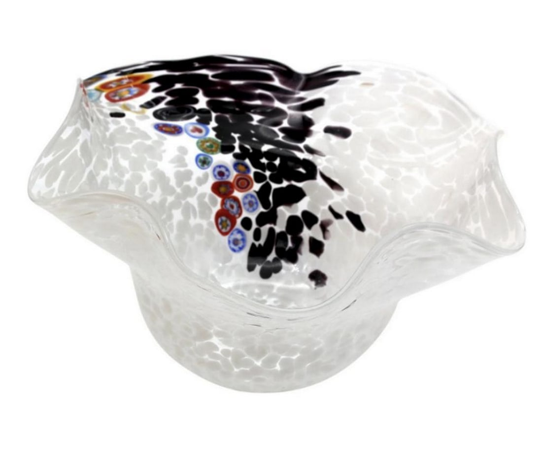 Rainbow White Murano Glass Centerpiece Bowl: Rainbow White Murano Glass Centerpiece Bowl The Rainbow White Murano Glass Centerpiece Bowl is a stunning piece of art. It features a white base with vibrant rainbow swirls intricately woven into the 