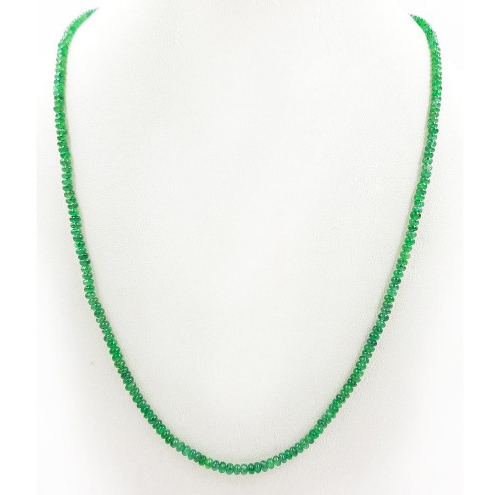 Single Strand 3.3mm Plain Emerald Beads Necklace: Single Strand 3.3mm Plain Emerald Beads Necklace Bead Diameter: 3.2mm - 3.5mm Length of Necklace: 18.2" Weight in Carats: 39.29 View Photos For Further Details