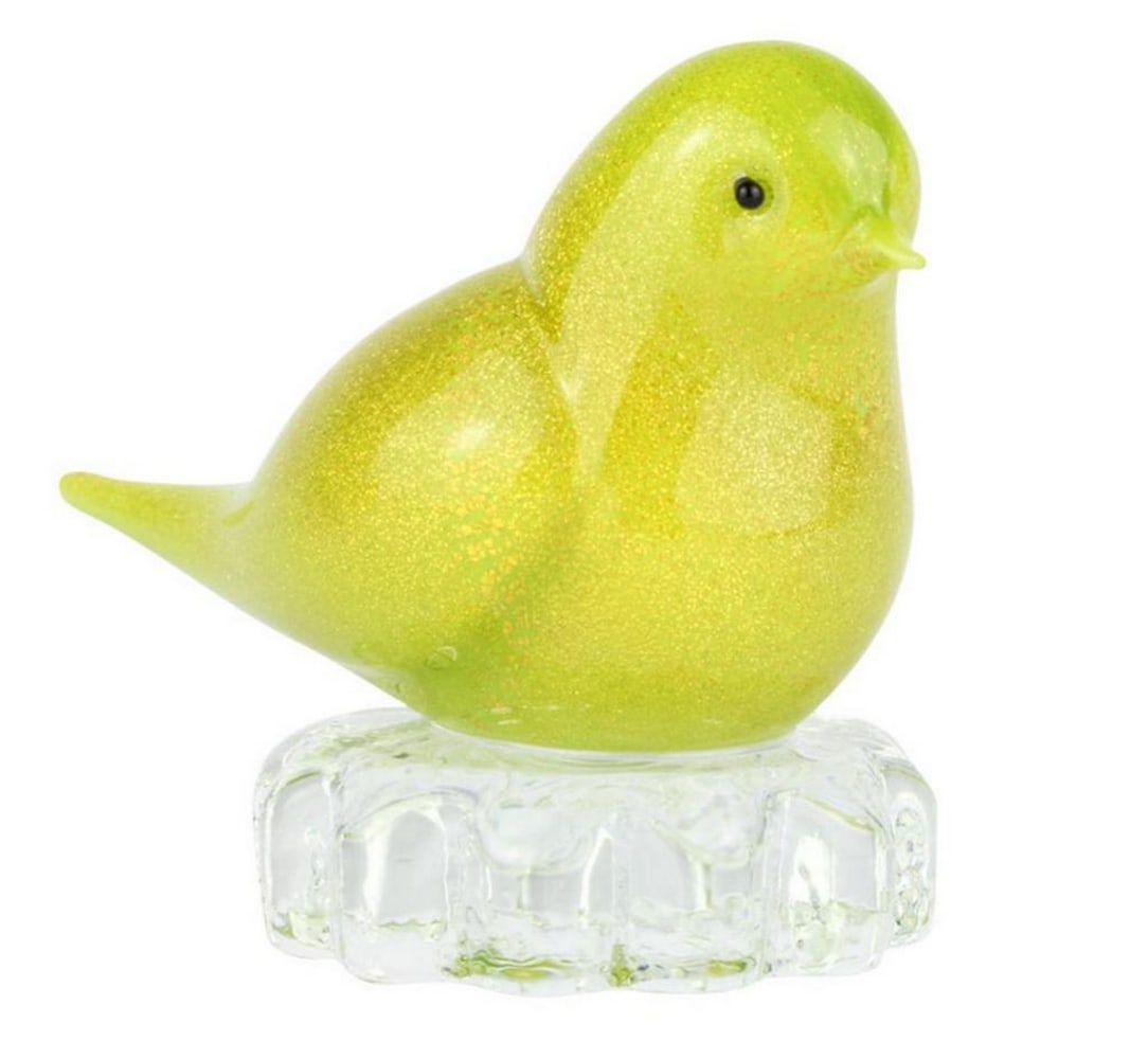 Bright Yellow Sparrow Glass Sculpture - Murano Glass: Bright Yellow Sparrow Glass Sculpture - Murano Glass A lovely handmade sculpture of a small bird, set on a base and adorned with 24-carat gold decoration, meticulously worked freehand on a punty in so