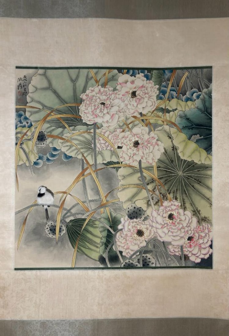Zhang Daqian Inspired Hand-Painted Birds and Flowers Scroll: Zhang Daqian Inspired Hand-Painted Birds and Flowers Scroll An inspired hand-painted scroll in the style of Zhang Daqian (1899–1983), showcasing his exceptional talent in traditional Chinese bird-an