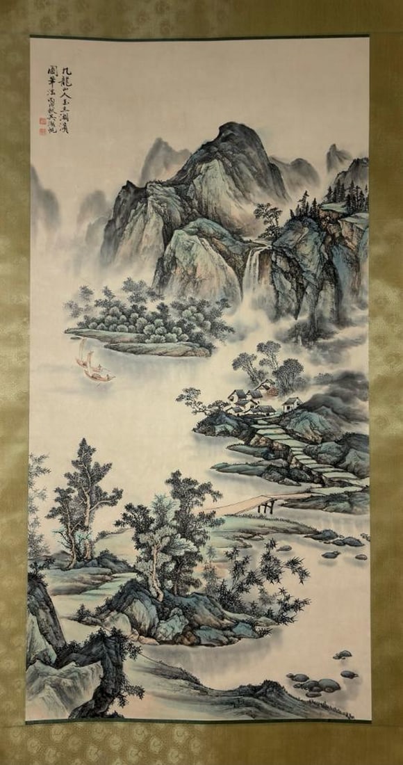 Wu Hufan Inspired Hand-Painted Landscape Scroll: Wu Hufan Inspired Hand-Painted Landscape Scroll An inspired hand-painted landscape scroll in the style of Wu Hufan, one of the leading literati painters of 20th-century China. This composition reflect