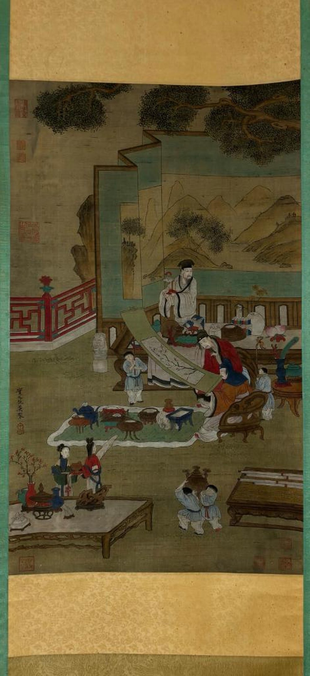 Qiu Ying Inspired Hand-Painted Silk Scroll: Scholars Viewing a Painting Scene: Qiu Ying Inspired Hand-Painted Silk Scroll: Scholars Viewing a Painting Scene This exquisite silk scroll inspired by renowned Ming dynasty artist Qiu Ying captures an intimate moment of scholarly appr