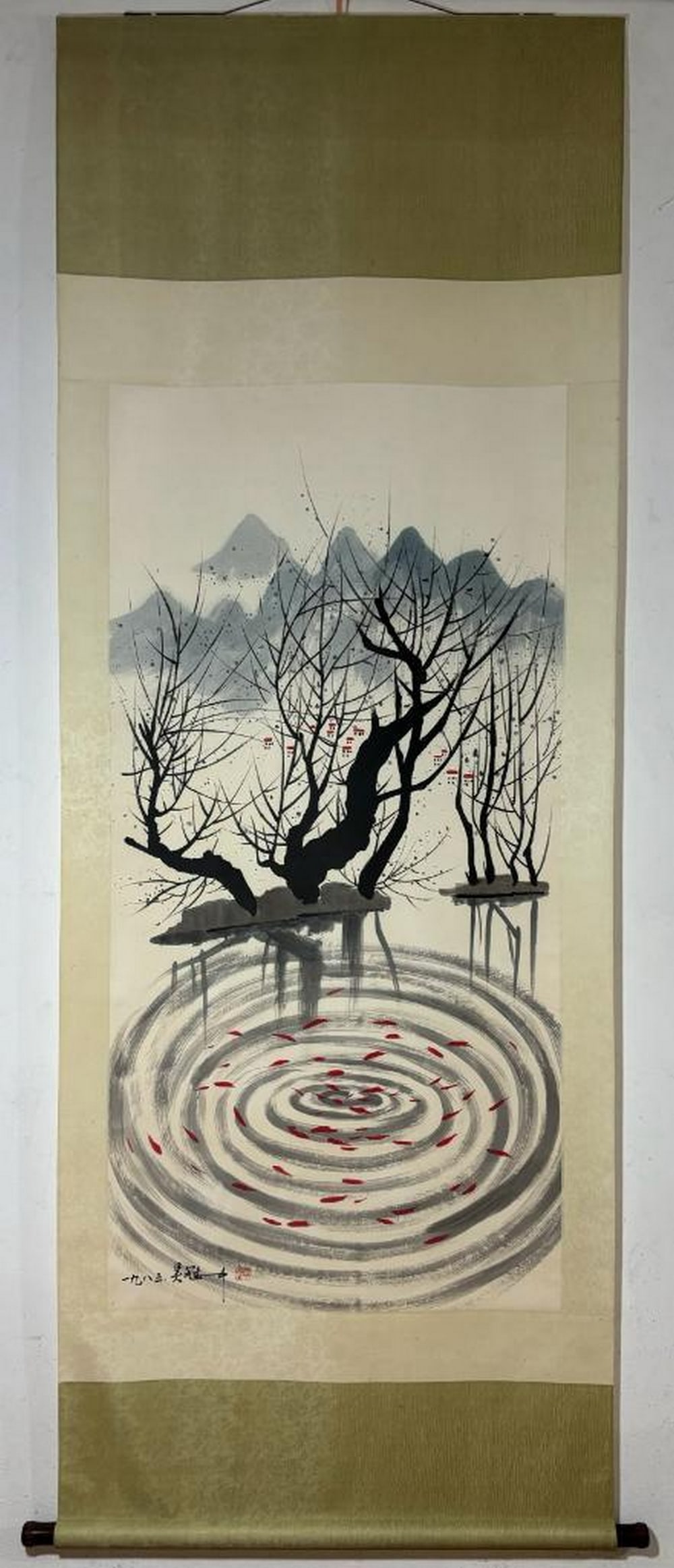 Wu Guanzhong Inspired Hand-Painted Landscape Scroll Rippling Water: Wu Guanzhong Inspired Hand-Painted Landscape Scroll Rippling Water This hauntingly beautiful landscape scroll inspired by Wu Guanzhong features stark, leafless trees rising from the middle of a calm b