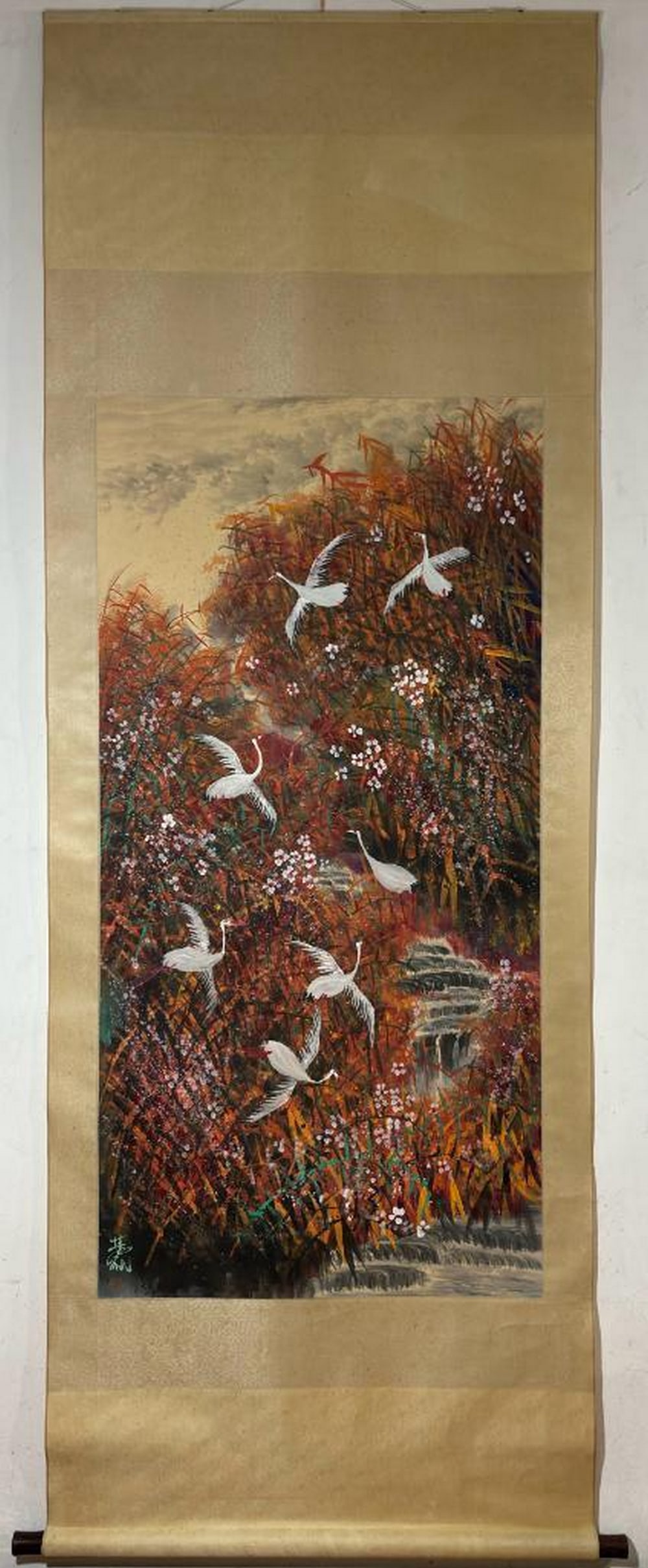 Colorful Landscape Lin Fengmian Inspired Hand-Painted Scroll: Colorful Landscape Lin Fengmian Inspired Hand-Painted Scroll This stunning scroll inspired by celebrated artist Lin Fengmian bursts with life and color, depicting a graceful group of cranes amidst a v
