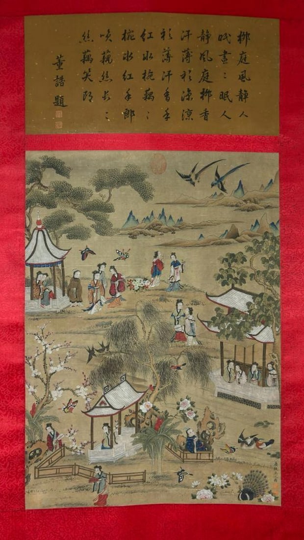 Yu Zhiding Inspired Hand-Painted Silk Scroll: Yu Zhiding Inspired Hand-Painted Silk Scroll Immerse yourself in the refined artistry of Yu Zhiding with this inspired hand-painted silk scroll, capturing a serene narrative scene. The composition fea