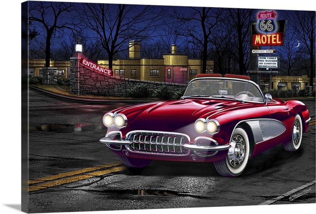 Red Vette 66 – Route 66 Motel Canvas Reproduction: Red Vette 66 – Route 66 Motel Canvas Reproduction Bring a dose of retro Americana to your space with Red Vette 66 by Helen Flint, a vibrant digital painting featuring a classic red sports car parked