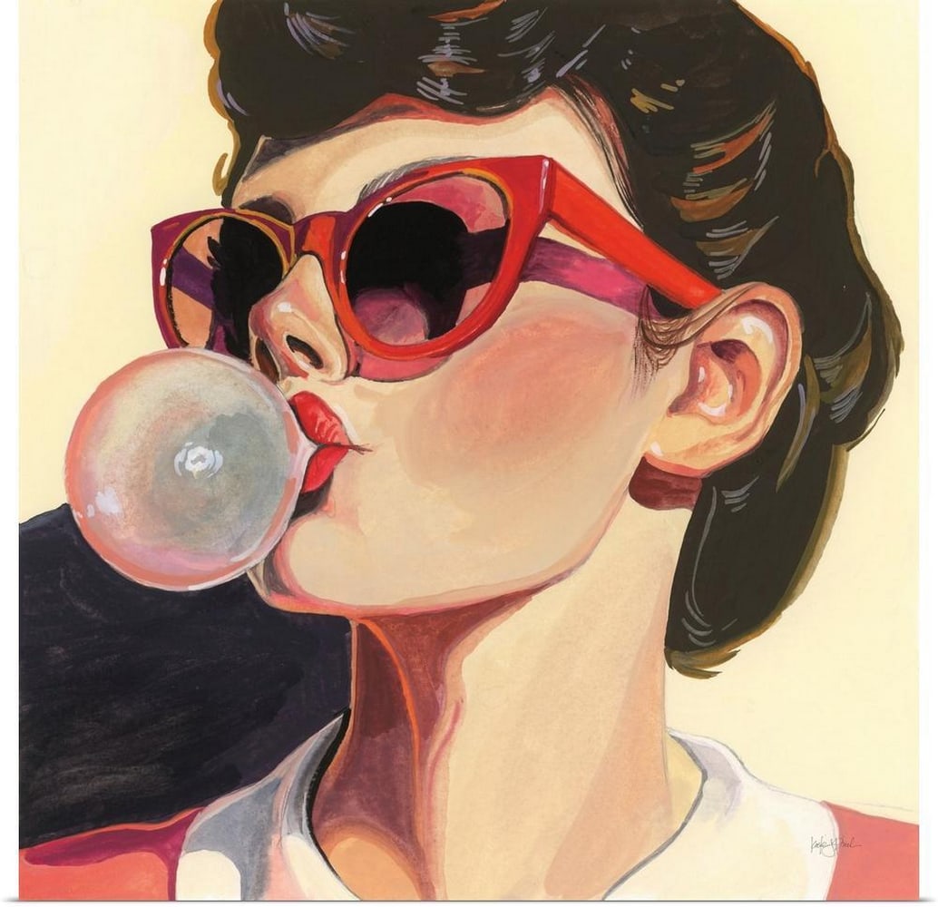 Retro Bubblegum Girl Vintage Poster Print: Retro Bubblegum Girl Vintage Poster Print "Retro Bubblegum Girl" is a playful poster print that captures a moment of carefree charm and vintage flair. This poster print features a young woman 