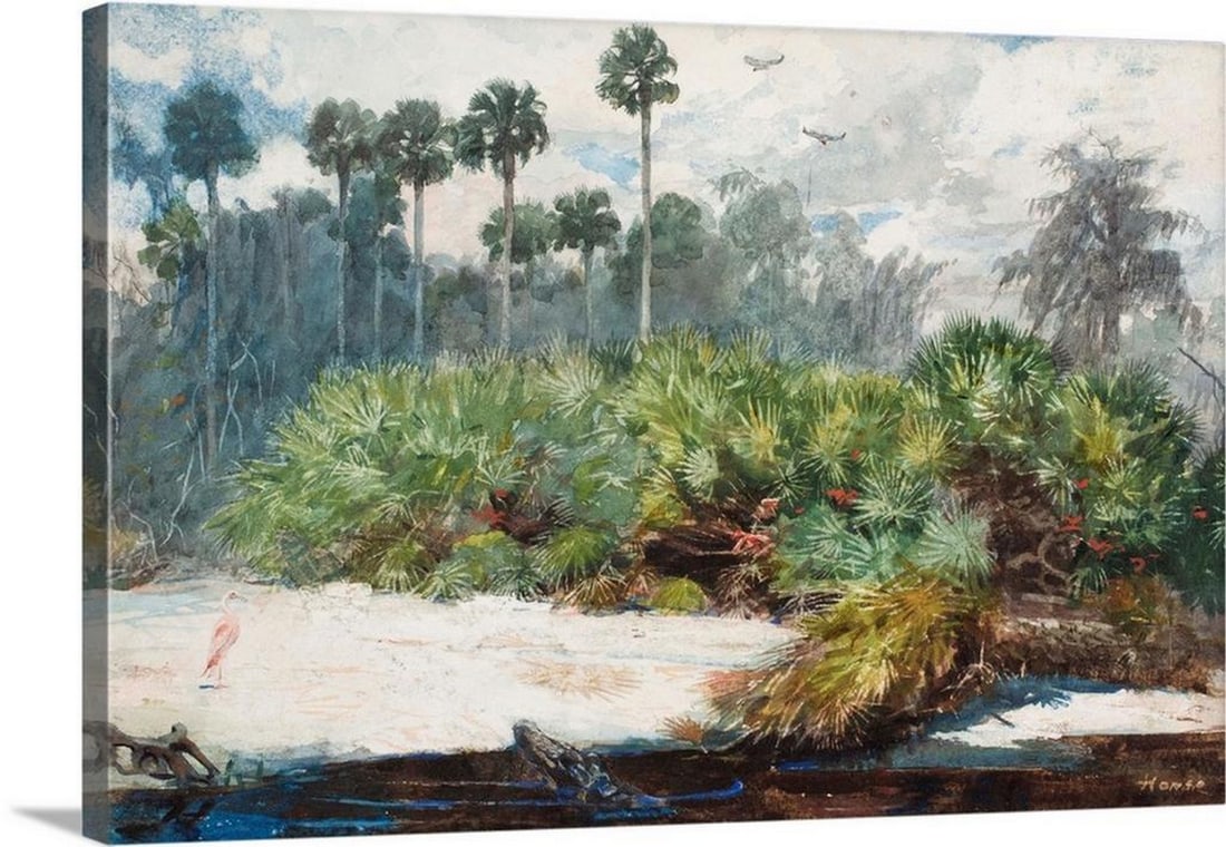 In A Florida Jungle Canvas Reproduction by Winslow Homer – 30" x 20": In A Florida Jungle Canvas Reproduction by Winslow Homer – 30" x 20" Originally watercolor over graphite on paper, this work captures the lush and vibrant feel of the Florida landscape. Home