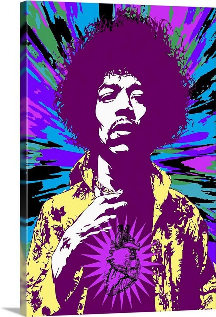 Jimi Hendrix Zombie Purple Heart Psychedelic Rock Canvas Reproduction: Jimi Hendrix Zombie Purple Heart - Psychedelic Rock Canvas Reproduction Add edgy, surreal flair to your space with "Jimi Hendrix Zombie Purple Heart", a bold and imaginative artwork blending psychedel