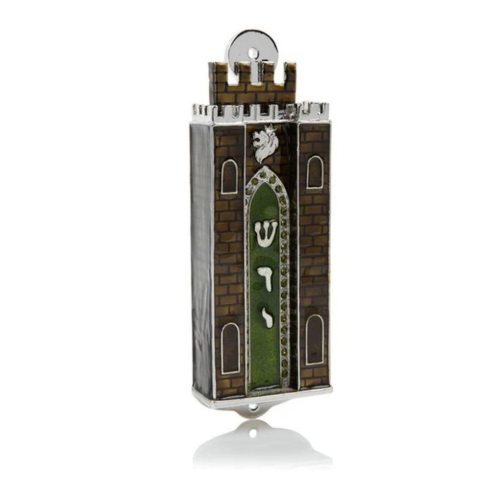Brown Holy Ark-Style Mezuzah: Brown Holy Ark-Style Mezuzah Add modern sophistication to your home with the Brown Holy Ark-Style Mezuzah. Crafted from pewter and plated with 925 silver, this mezuzah beautifully blends sacred tradit