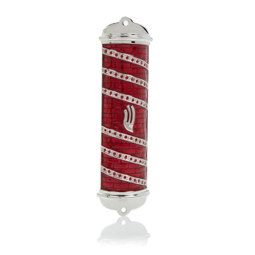 Red Modern Mezuzah: Red Modern Mezuzah Add a vibrant touch of modern sophistication to your home with the Red Modern Mezuzah. Expertly crafted from pewter and plated with 925 silver, this mezuzah features clean lines, a 