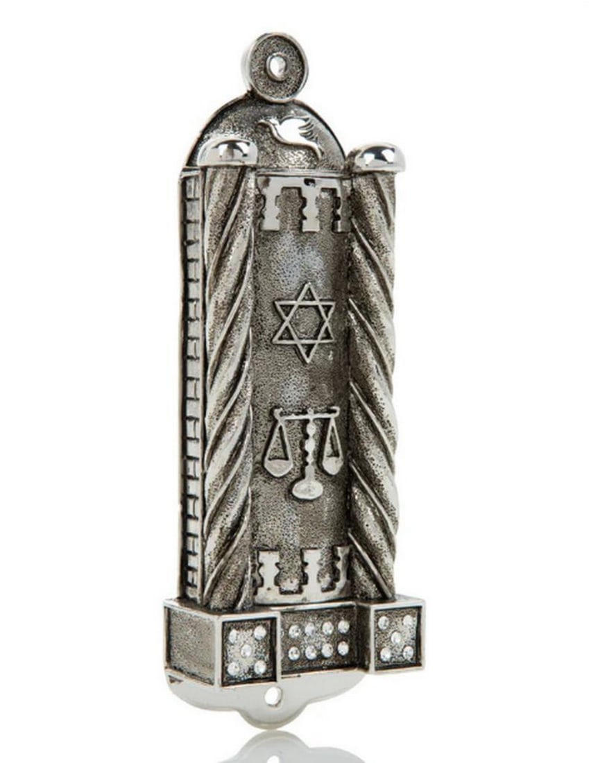 Silver Modern Judaica Mezuzah: Silver Modern Judaica Mezuzah This handcrafted Silver Judaica Mezuzah brings a modern touch to a timeless tradition. Plated in 925 silver over pewter, it features hand-painted enamel detailing and spa