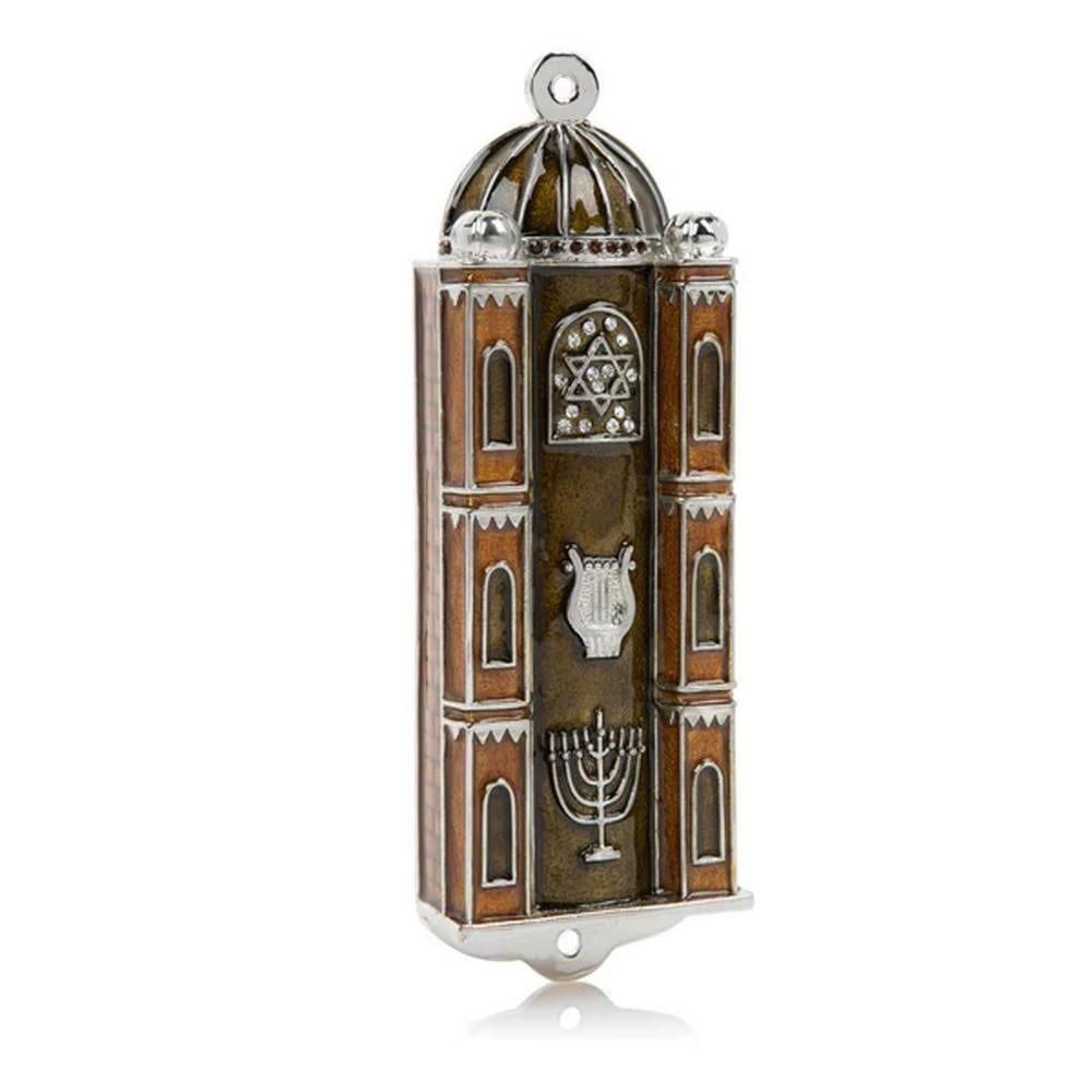 Brown Judaica-Style Mezuzah: Brown Judaica-Style Mezuzah Add a touch of modern sophistication to your home with the Brown Judaica-Style Mezuzah. Crafted from pewter and plated with 925 silver, this mezuzah beautifully merges trad