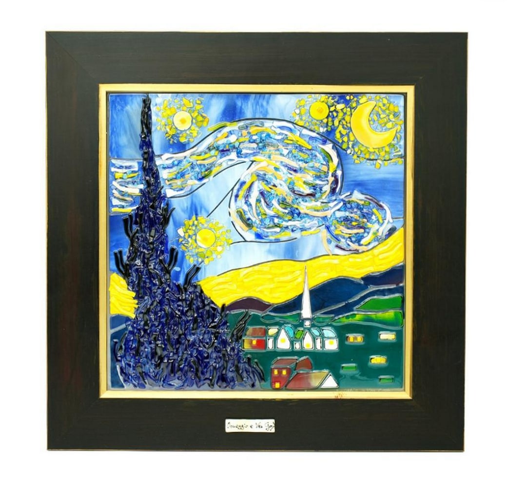 Starry Night Murano Glass Artwork Canvas After Van Gogh: Starry Night Murano Glass Artwork Canvas After Van Gogh Introducing our Starry Night Murano Glass Artwork Canvas, a mesmerizing tribute to Vincent Van Gogh's masterpiece. This stunning piece captu