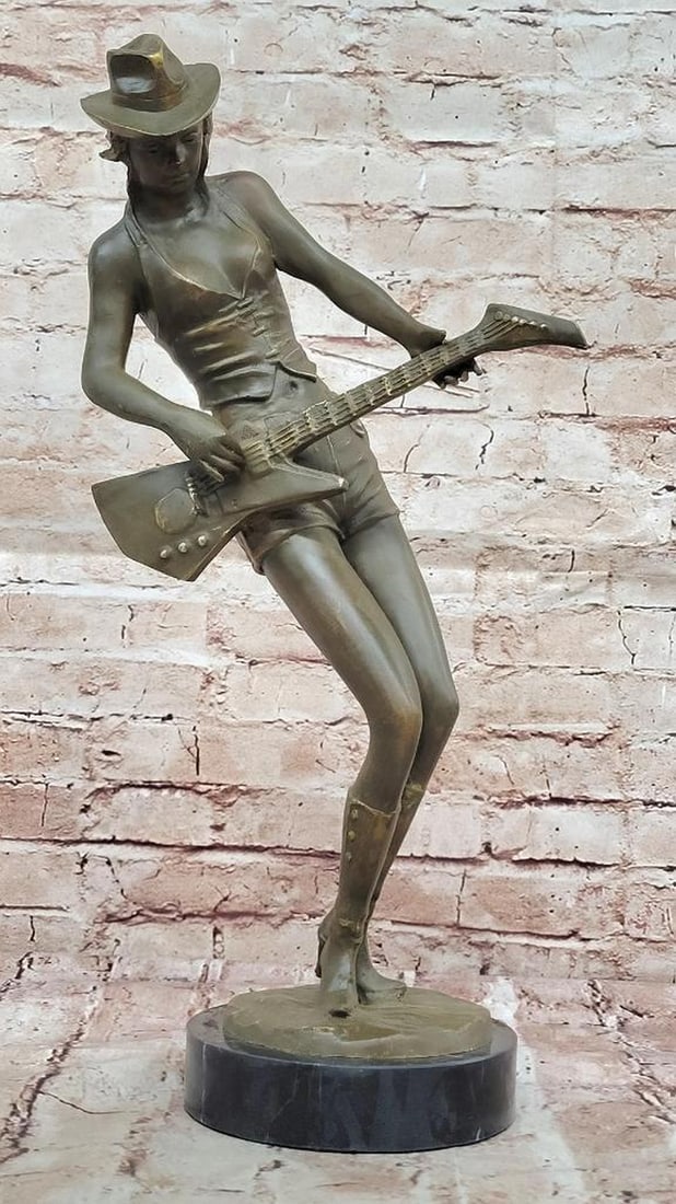 Rock and Roll Girl Guitarist Bronze Sculpture by Anderson - 19" x 9.5": Rock and Roll Girl Guitarist Bronze Sculpture by Anderson - 19" x 9.5" This original bronze sculpture by Anderson captures a soulful female guitarist in a moment of musical immersion. With Art