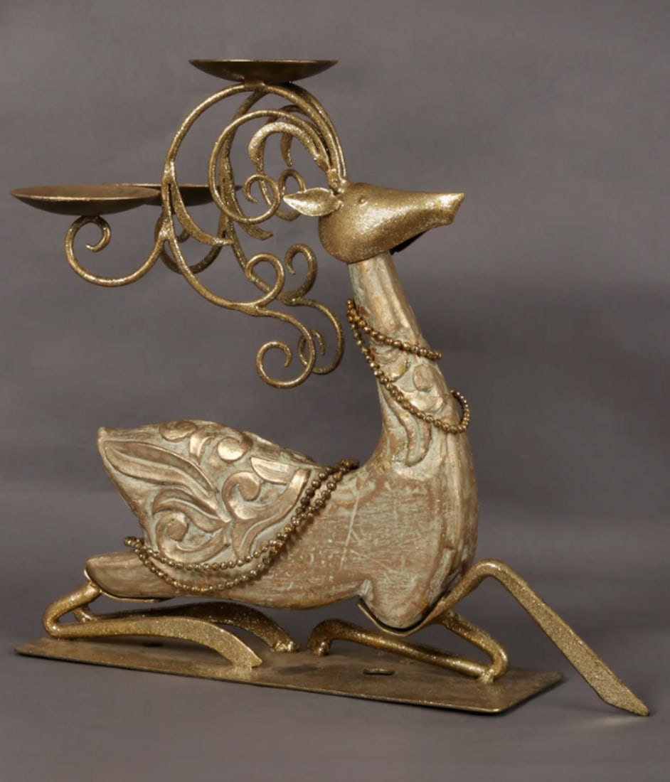 15" Abstract Reindeer Candle Stand – Handcrafted Wood & Iron Decor (1 of 6)