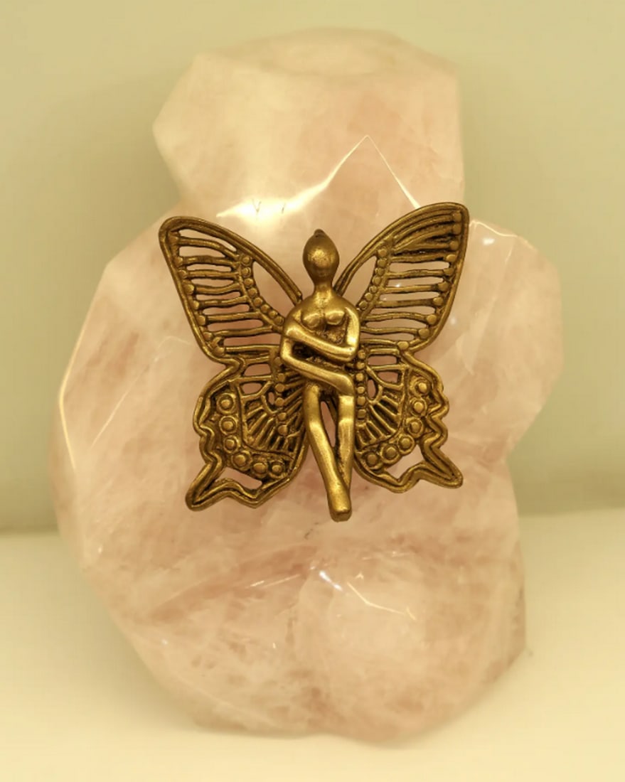 Brass Winged Angel on Rose Quartz Gemstone with Candle Holder – 8" (1 of 8)