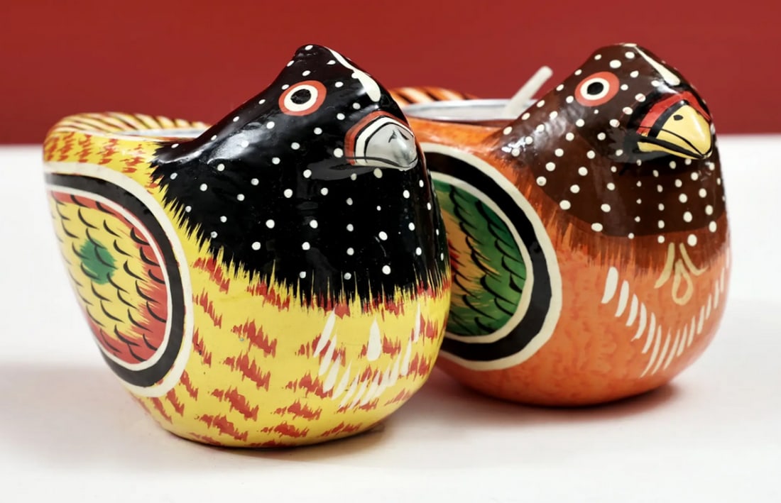 2" Handpainted Wooden Votive Candle Holders (Pair): 2" Handpainted Wooden Votive Candle Holders (Pair) Handcrafted from wood, this pair of votive candle holders is detailed with handpainted designs. Traditionally used for devotional offerings, the 