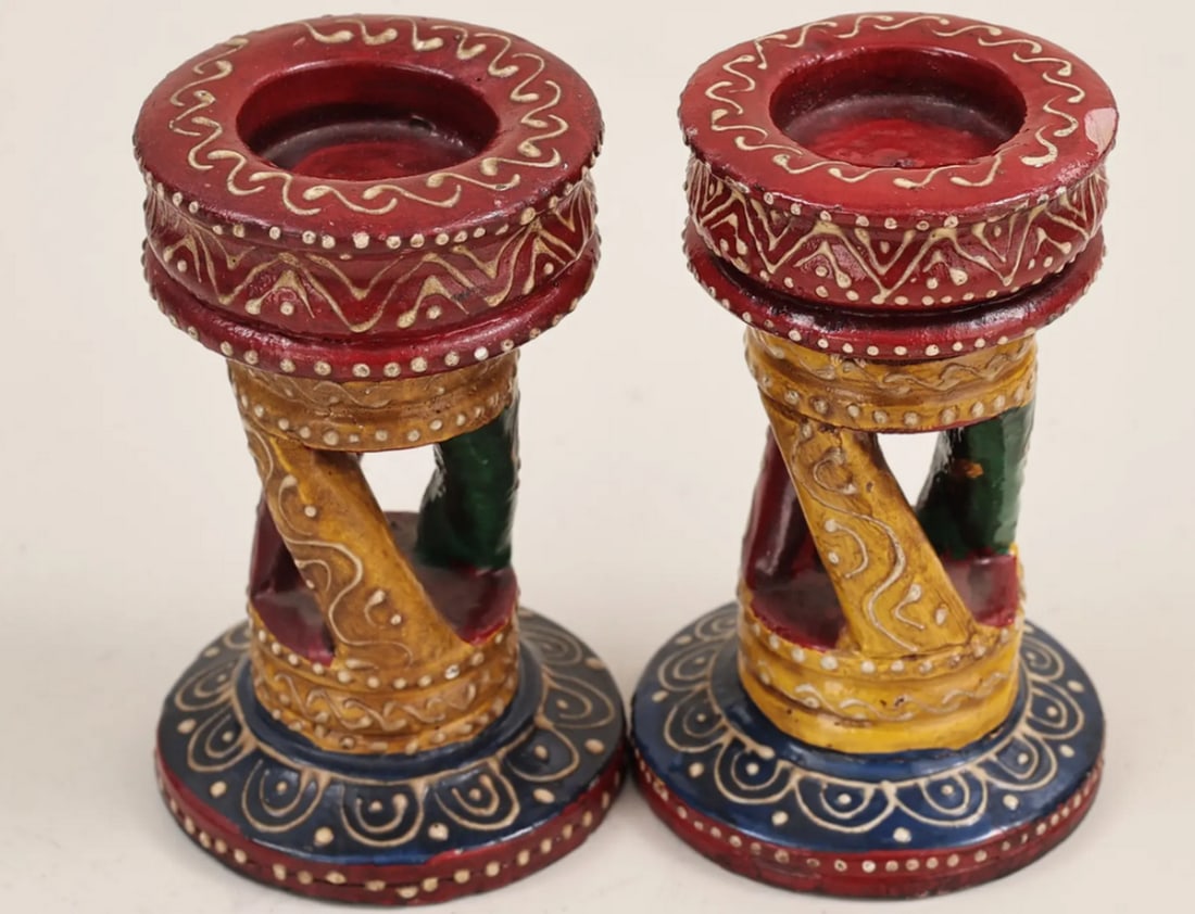 4" Small Decorative Colorful Candle Stand (Pair): 4" Small Decorative Colorful Candle Stand (Pair) Handmade from mango wood, this pair of candle stands is decorated with colorful floral patterns. Each piece reflects traditional craftsmanship,
