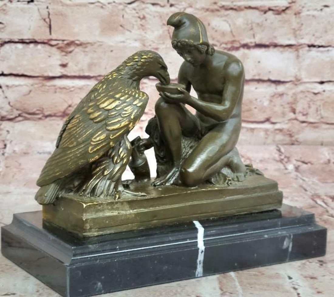 Bronze Zeus and Ganymede Statue: Bronze Zeus and Ganymede Statue This exquisite Bronze Zeus and Ganymede Statue, bearing the signature of renowned artist Aldo Vitaleh, beautifully depicts the mythological moment of Ganymede, the youn