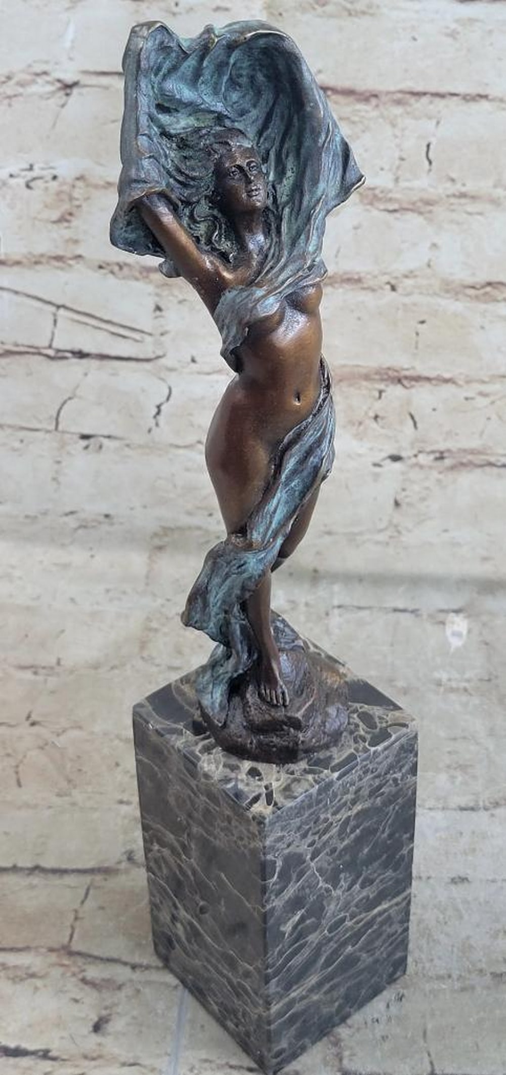 Signed Original Woman Removing Her Clothes Bronze Sculpture - 14" x 3": Signed Original Woman Removing Her Clothes Bronze Sculpture - 14" x 3" This statue is a conceptual representation of a nude girl standing upright with a cloth loosely wrapped around her. She s