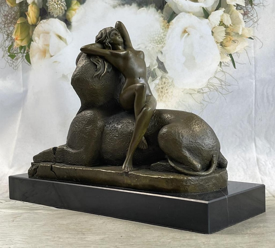 Inspired T. Herlinger Egyptian Sphinx w/ Nude Girl Art Deco Bronze Statue Sculpture 10" x 12": Inspired T. Herlinger Egyptian Sphinx w/ Nude Girl Art Deco Bronze Statue Sculpture 10" x 12" This Inspired T. Herlinger calls upon classical influences. This stunning work captures a languid 