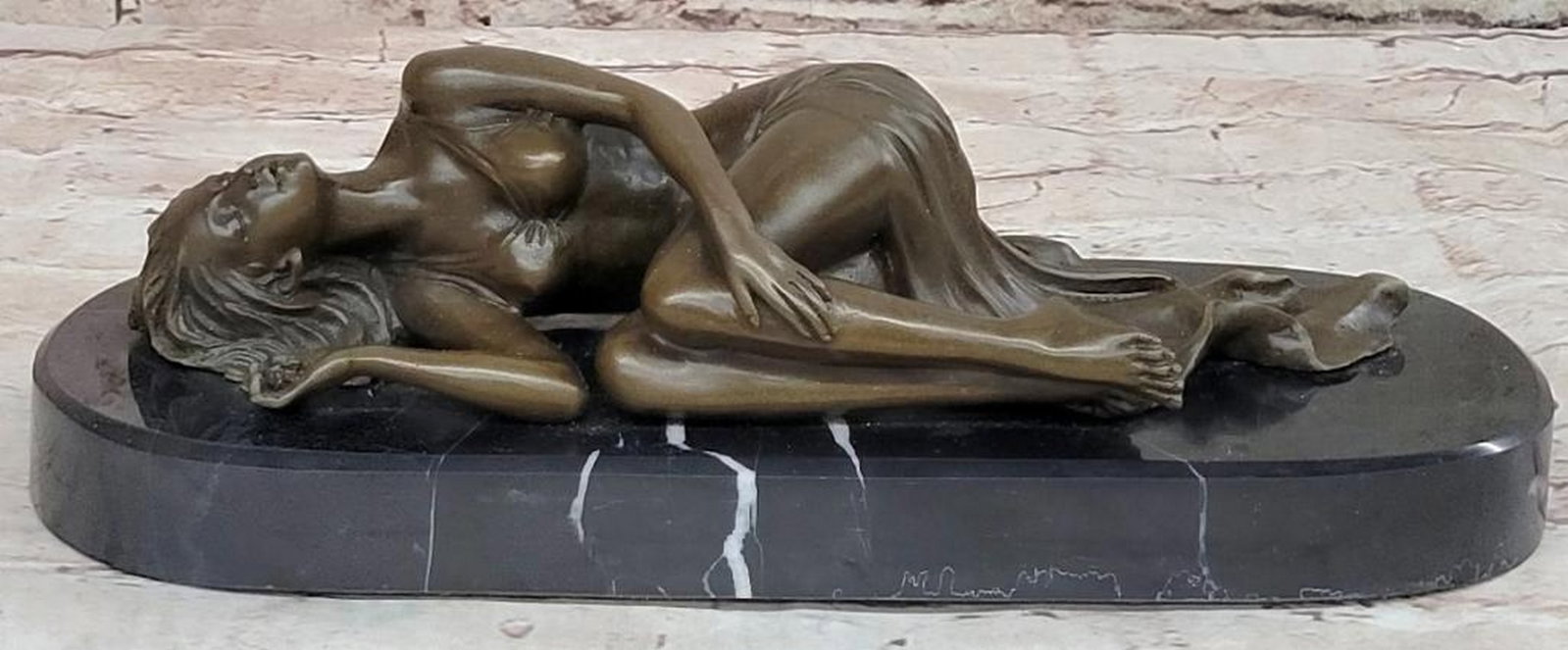 Erotic Art Nouveau Original Bronze Sculpture - Reclining Lady Signed by Milo - 3" x 12": Erotic Art Nouveau Original Bronze Sculpture - Reclining Lady Signed by Milo - 3" x 12" Delve into the world of erotic Art Nouveau with this meticulously crafted bronze sculpture by Milo. Depi