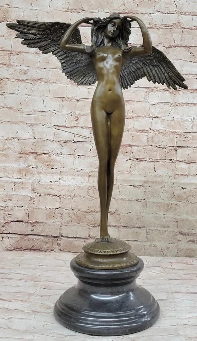 Adolph Weinman's 'Descending Night' Bronze Nude Art Angel Sculpture on Marble Base - 21" x 16": Adolph Weinman's 'Descending Night' Bronze Nude Art Angel Sculpture on Marble Base - 21" x 16" Adolph Weinman's 'Descending Night' bronze nude art angel sculpture, pois